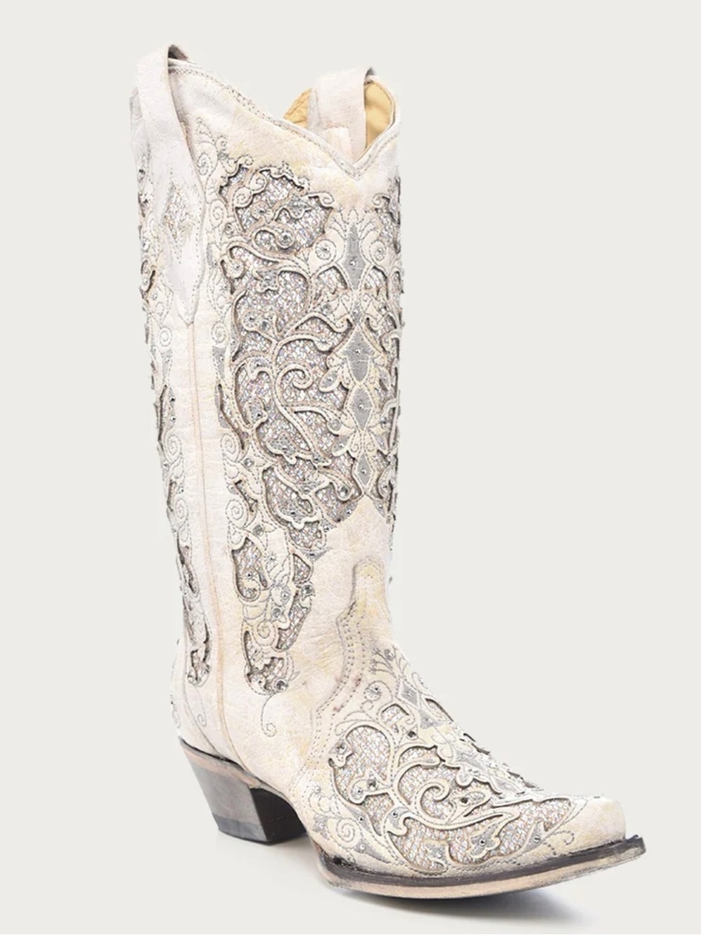 Corral WOMEN'S WHITE GLITTERED INLAY AND CRYSTALS SNIP TOE COWBOY BOOT